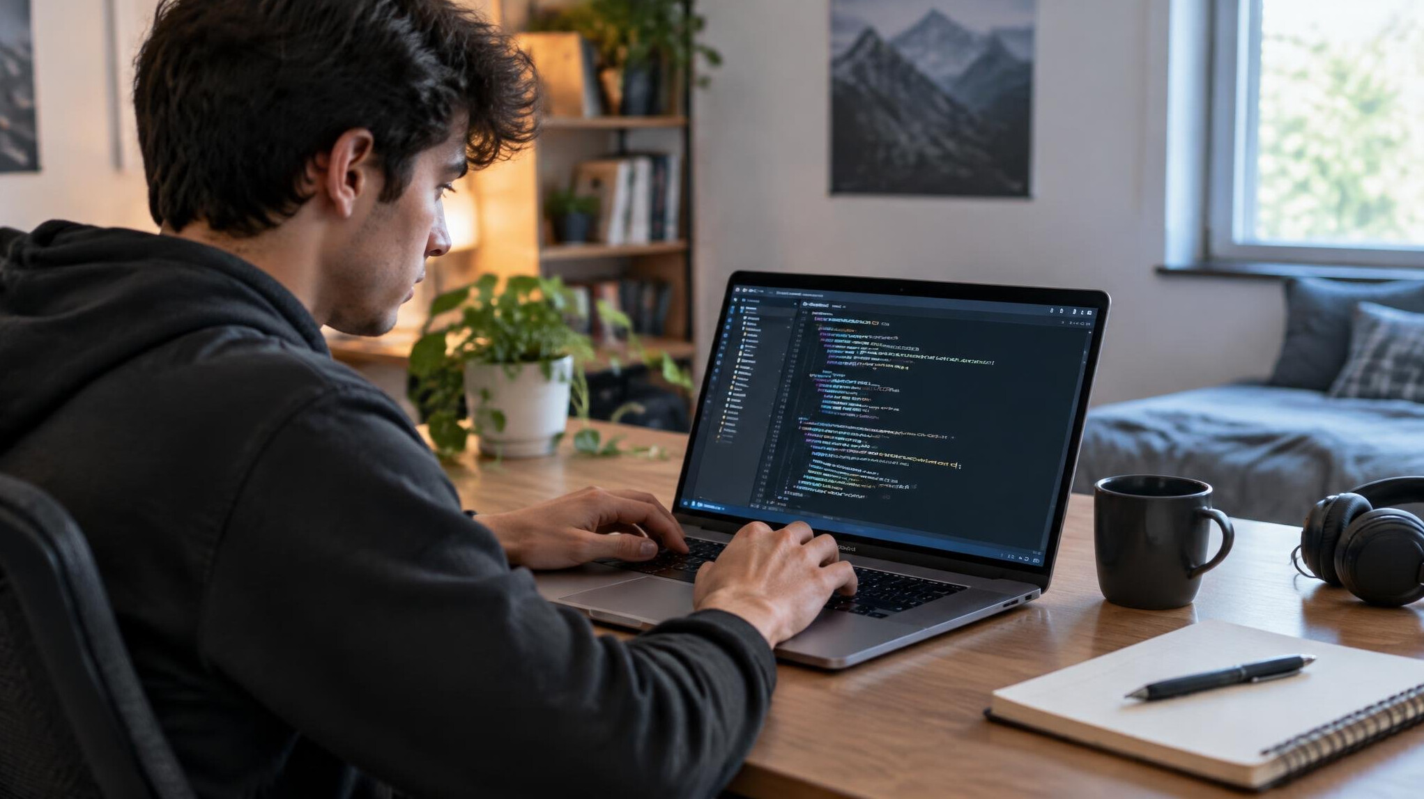 young man coding at home