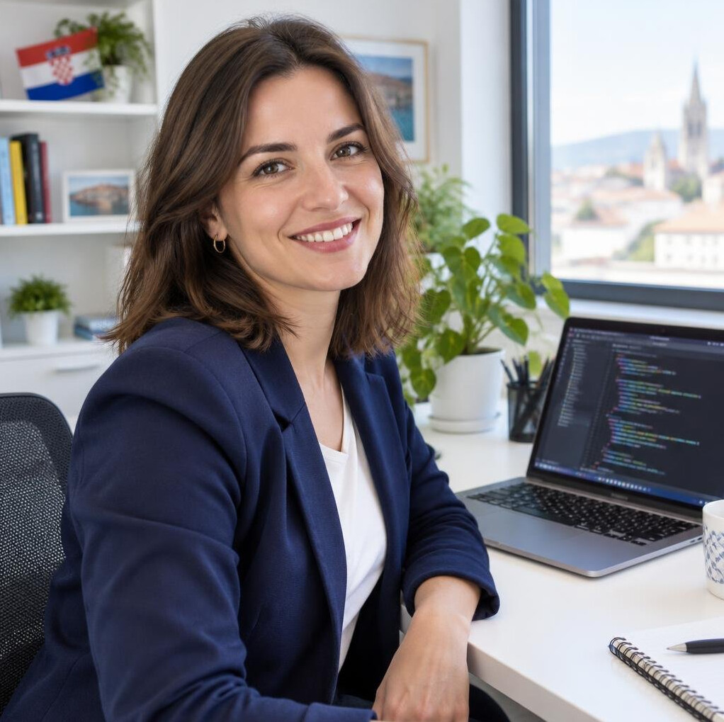 Smiling woman with laptop learning programming