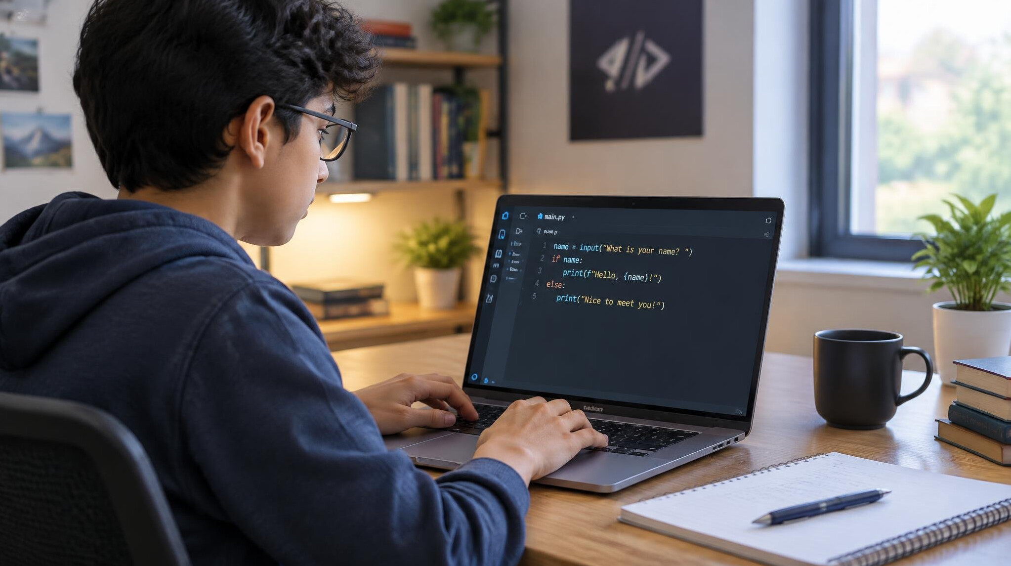 young person coding on laptop
