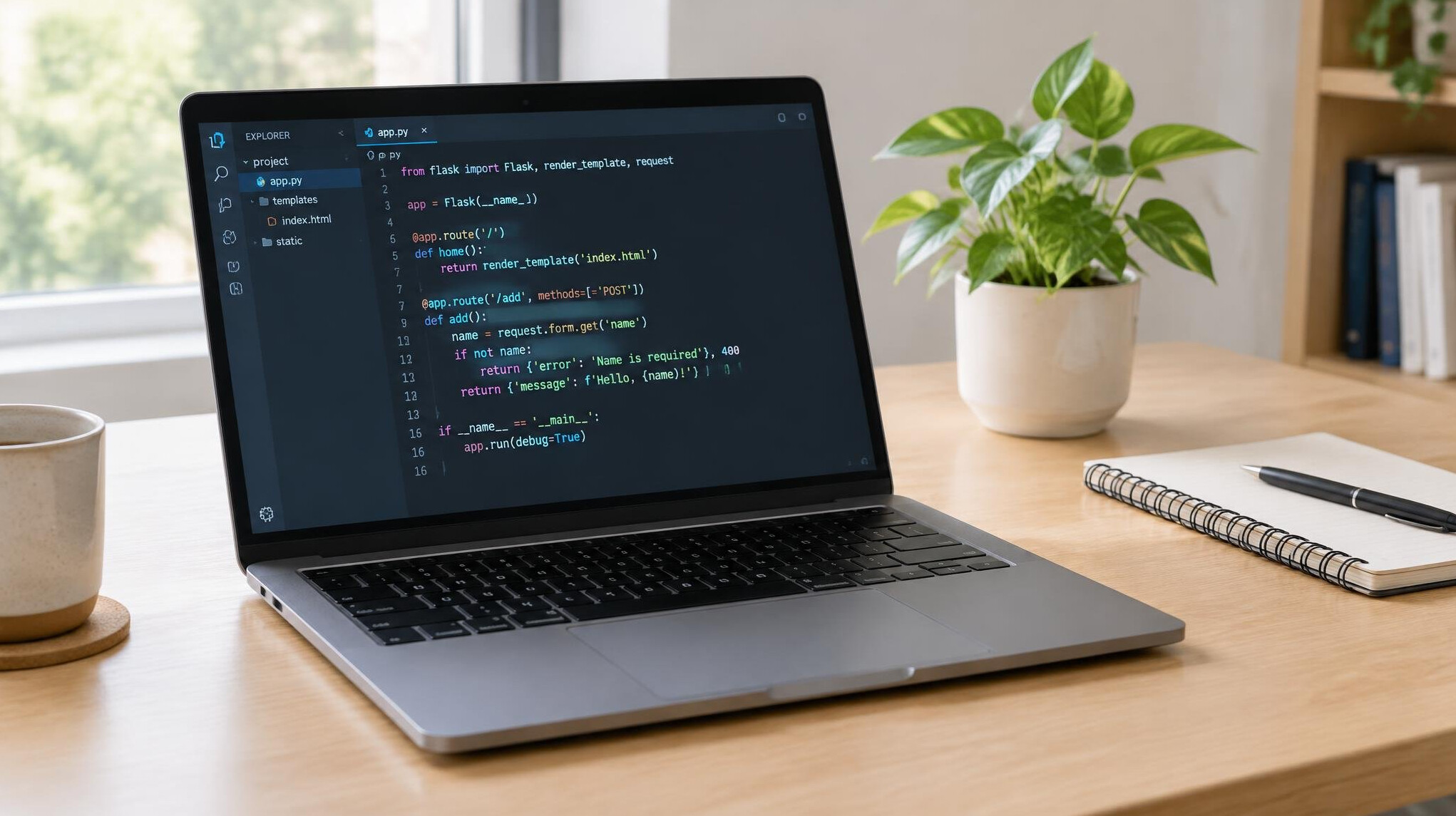 Laptop with code on a clean desk