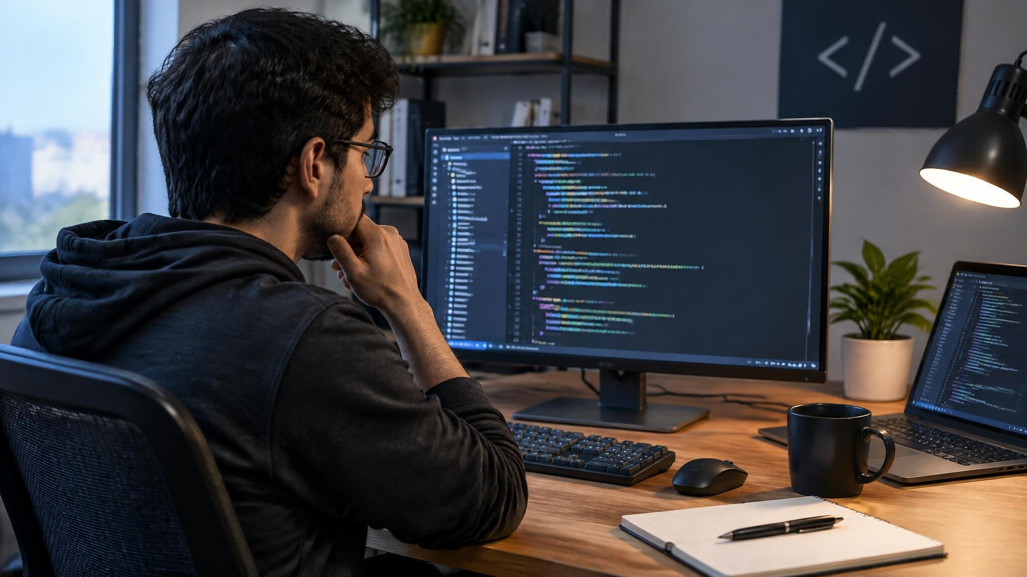 programmer thinking at desk